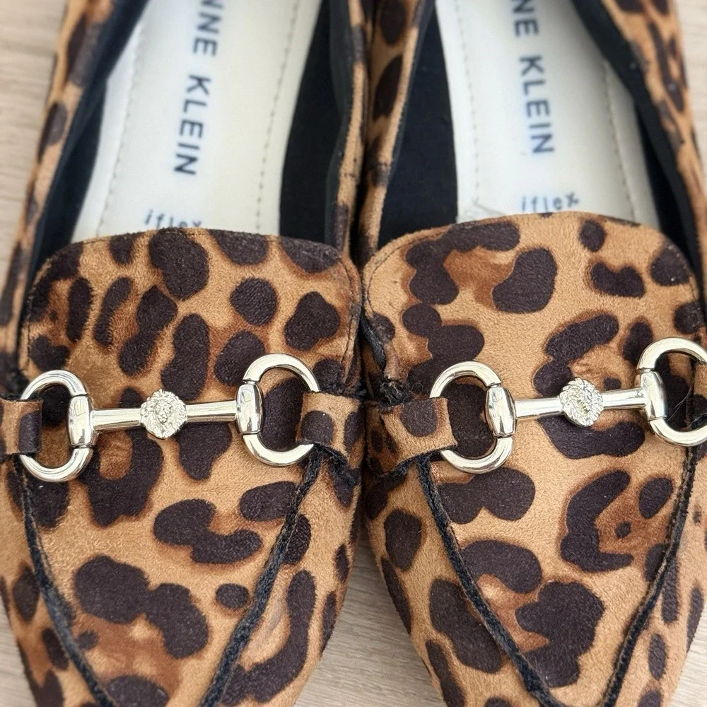 Anne Klein iflex Akoverbook Loafers Black Brown Leopard Print Pointed Toe Size 8